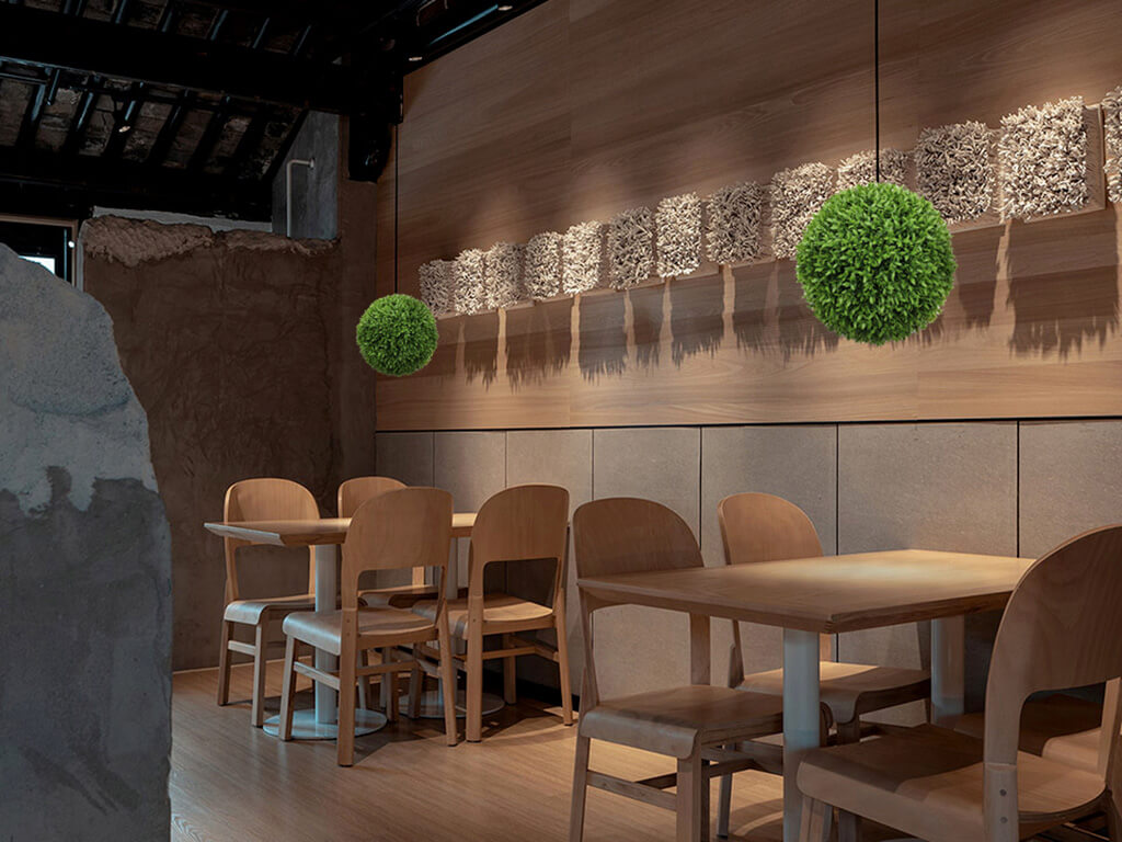 CEILING-SUSPENDED FAUX TOPIARY BALLS 1 Faux topiary balls