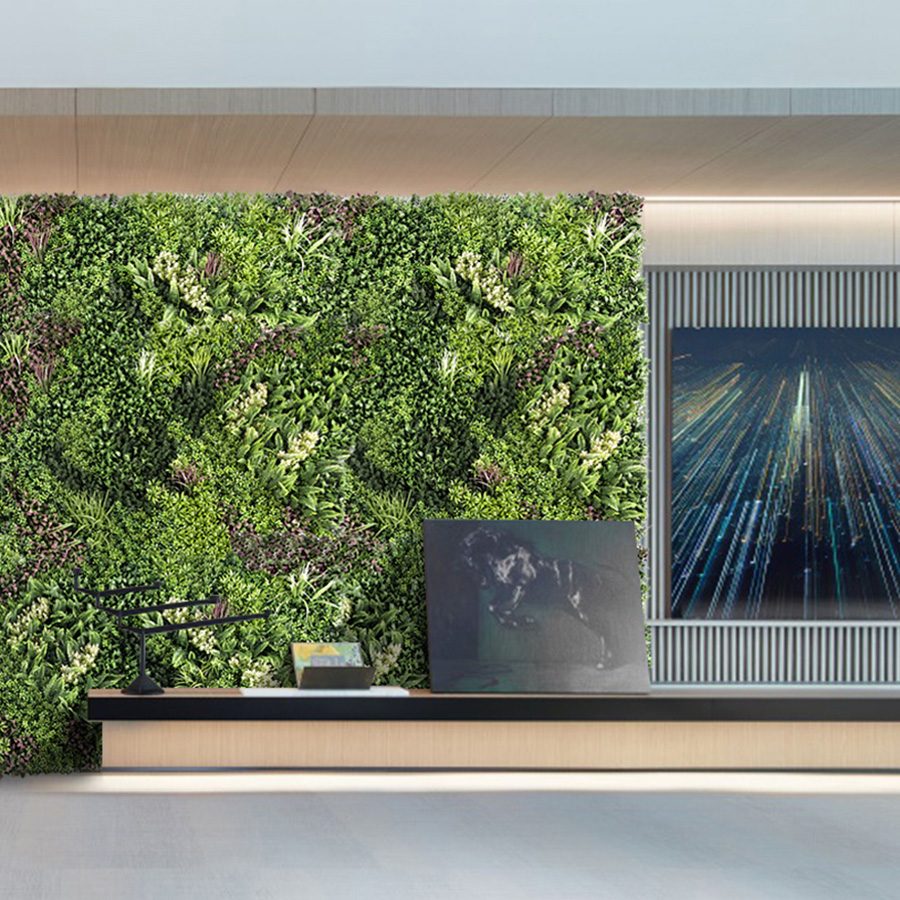 30 Ideas de Decoración de Pared con Verde Artificial 5 Jardín vertical en salón